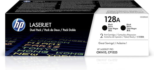 HP Original 128A Black Toner Cartridges (2-Pack) | Works LaserJet Pro CM1415 Color, CP1525 Color Series | CE320AD