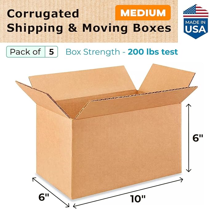 Medium Moving & Shipping Boxes 10 x 6 x 6 inches (5-Pack) - Extra Strength 200 lb vs Regular - USA-Made Corrugated Cardboard Boxes for USPS/UPS/FEDEX - Box for Packaging - Medium Box by IDL Packaging
