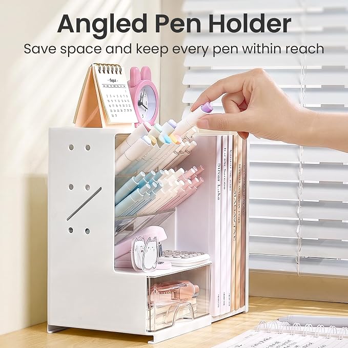 Sooez Desk Organizer with Bookends, Pegboard & Drawer, Pen & Pencil Holder | Desk Accessories with 5 Compartments, Teacher School Office Supplies, Dorm Room Organization Storage for Sticky Notes, Purple