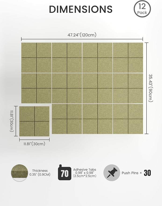 Bumusty 48" x 36" Large Cork Board Alternative, Olive Green | 12-Pack Felt Bulletin Board Tiles, 60 Adhesive Tabs, 30 Pushpins, Home, Office, Classroom, Vision Board