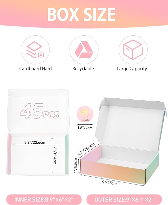 9x6x2 Inch Small Shipping Boxes, 45 Pack Colored Cardboard Boxes, Cute Colored Packaging Box for Gift
