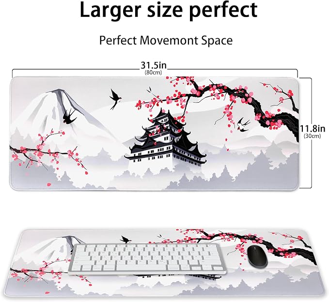 Japanese Cherry Blossom Gaming Mouse Pad 31.5x11.8in Pink Full Desk Japanese Sakura Gaming Mouse Pad Large Non-Slip Rubber Base Waterproof Big Keyboard Mat with Stitched Edges for Game Office