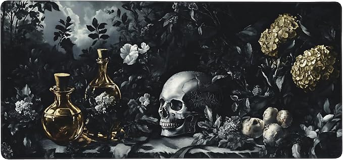 Aesthetic Skull Gaming Mouse Pad, Black Gold Dark Epic Desk Mat with Anti-Slip Base & Stitched Edges,35.4" x 15.7" in Table Mat for Computer Desktop, Beautiful Workstation Decor