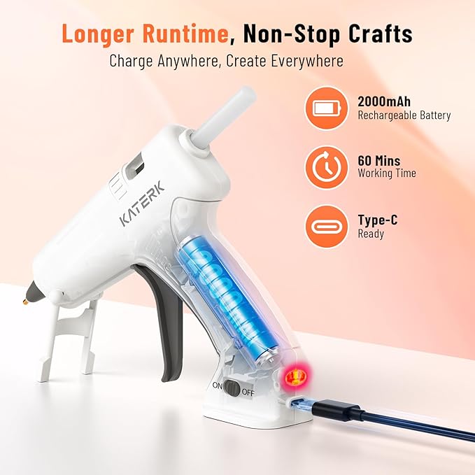 Katerk 3.7V Cordless Hot Glue Gun Kit, 90s Fast Heating, Mini Glue Gun with 15 Glue Sticks, USB-C Rechargeable with 2000mAh Built-in Battery, Ideal for DIY, Gift Making,School Crafts & Repairs (White)