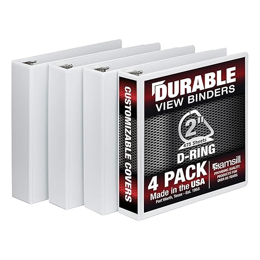 Samsill Durable 2 inch 3 Ring Binder, D Ring Binder, 100% Recycled Chipboard, White, 4 Pack