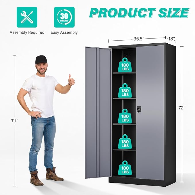 Wide & Deep Metal Storage Cabinet with Lock & Adjustable Shelves,72" Gray Garage Storage Cabinet with Locking Doors,Locking Metal Cabinets for Home,Office,Shop,Garage 72x36x18