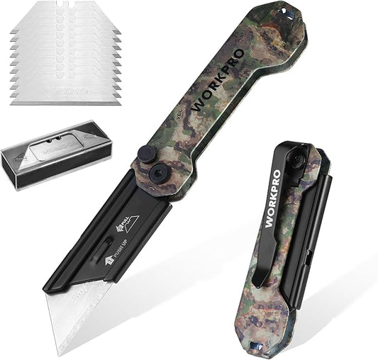 WORKPRO EDC Folding Utility Knife, Mini Box Cutter with Quick Open Axis Lock, Quick Change Blade Razor Knife, Foldable Small Pocket Knife with Belt Clip, 1 Pack with 10 Extra Blades