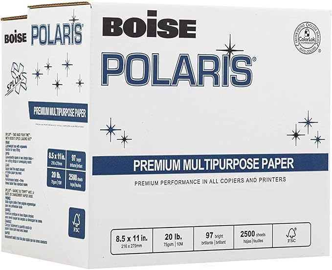 BOISE POLARIS Premium Multipurpose Copy Paper | 8.5" x 11" Letter | SPLOX (Easy carry box) | 97 Bright White, 20 lb. | Reamless (2,500 Sheets)