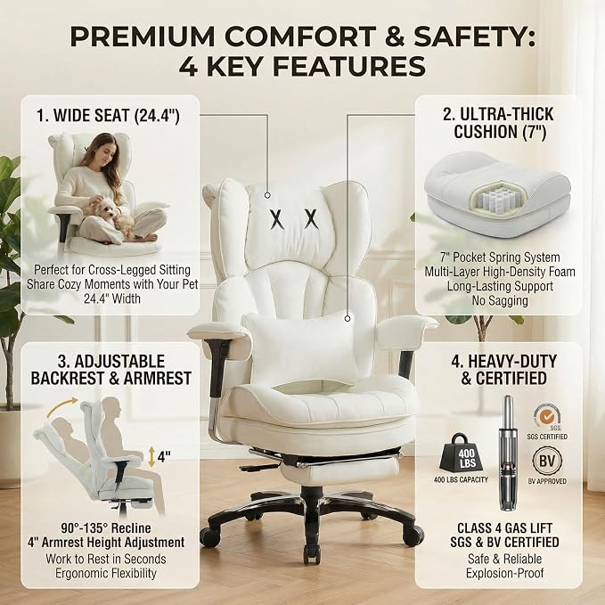 Efomao Big & Tall Desk Chair, Wide Executive Office Chair with Footrest White-L