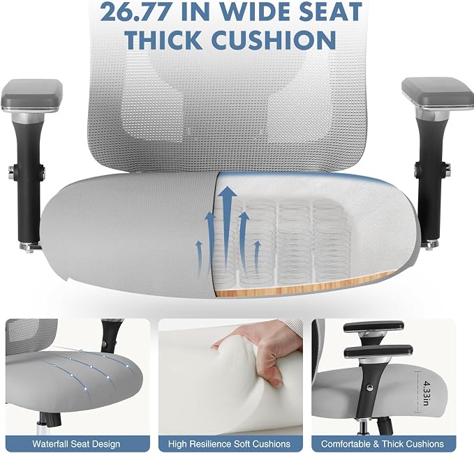 DUMOS Big and Tall Office Desk Chair, 500lbs Heavy Duty Mesh Chair | Ergonomic 4D Armrest, Comfortable Lumbar Support, Wide Seat, 360° Swivel Rolling Wheels, Adult, Grey
