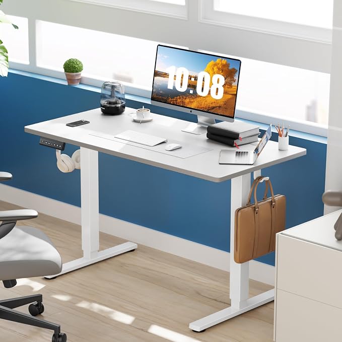 DUMOS 41 Inch Electric Standing Desk, Memory Adjustable Home Office Desk | Sit Stand Up Desk for Work Home Office,Adjustable Desk, Rising Computer Table with Splice Board,Cable Management,Hook,White