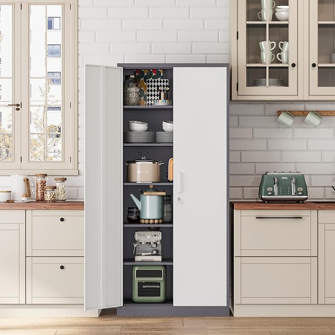 Fesbos Metal Cabinet Steel Storage Cabinet - 71” Tall Steel File Cabinets with Lockable Doors and 5 Adjustable Shelves Gray&White Storage Cabinets for Home, School, Office, Garage