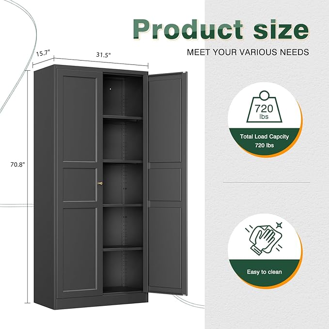 Letaya Black Storage Cabinet with Adjustable Shelves-Metal Home Kitchen Pantry Cabinets with Doors,Organization Locker for Cupboard/Bedroom/Dining/Living/Bathroom/Office/Garage Room