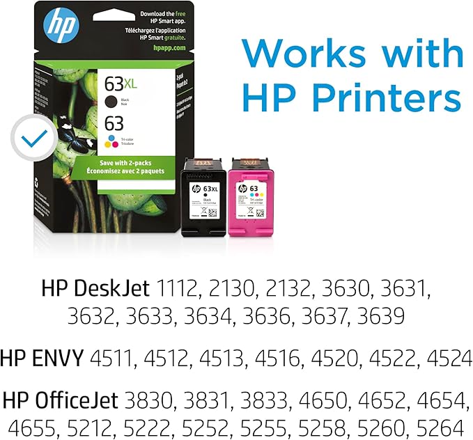 HP 63XL Black High Yield Cartridge & 62 Tri-Color Ink Cartridge, 2 Pack (L0R48AN)