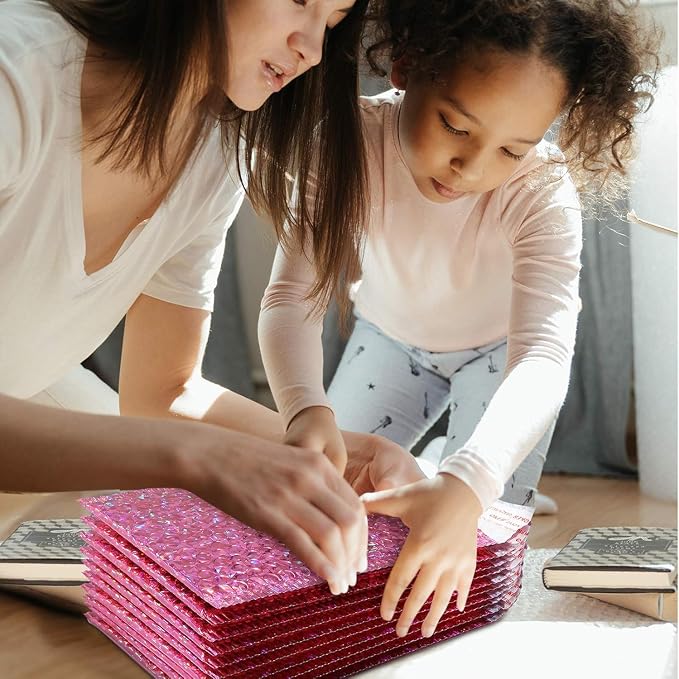 30 Pieces Holographic Bubble Mailers Padded Mailer Holographic Bubble Mailers Padded Envelopes Self Sealing Cushion Envelopes for Mailing, Shipping and Packing(Rose Red, 11 x 7 Inch)
