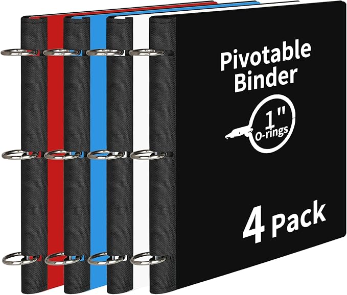 4 Pcs 360° Pivotable 3 Ring Binder, Soft 1 inch Binders 3 Ring, Flexible Thin Soft Three Ring Binder Fits 8.5" x 11", for Home, School and Office-Black, White, Blue, Red