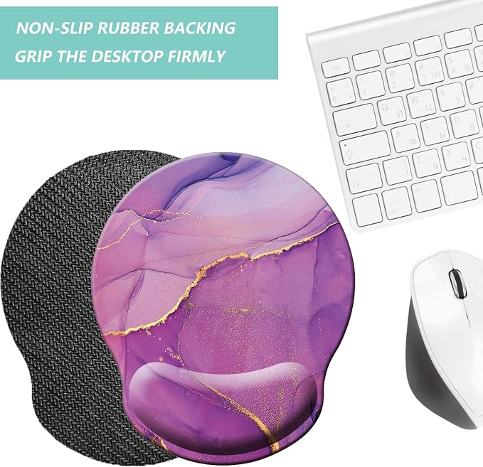Mouse Pad with Wrist Support, Ergonomic Mouse Pad with Memory Foam Wrist Rest Cushion, Non-Slip Rubber Base Gaming Mice Pad for Home Office Computer Laptop, Purple Marble