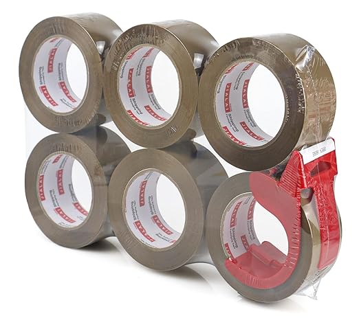 Brown Packing Tape with Dispenser, 2.4 mil, 1.88 inch x 110 Yards 6 Rolls, Ultra Strong, Refill Industrial Shipping Box Packaging Tape for Moving, Office, & Storage