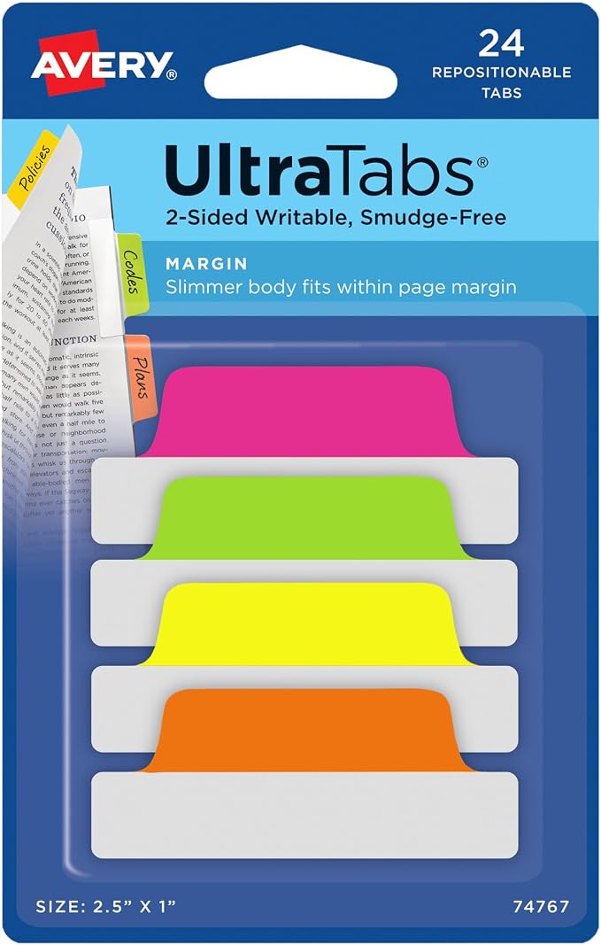 Avery Margin Ultra Tabs, 2.5" x 1", 2-Side Writable, Assorted Neon Color, 24 Repositionable Page Tabs (74767)