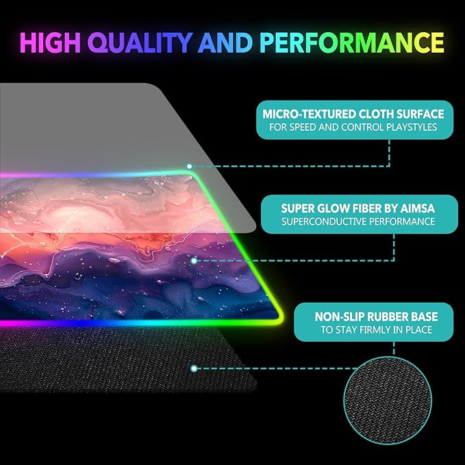 AIMSA Extra Large RGB Gaming Mouse Pad with 14 Light Modes, Extended LED Mouse Pad, Anti-Slip Rubber Base, Computer Keyboard Mousepad Mat, Abstract Purple Marble
