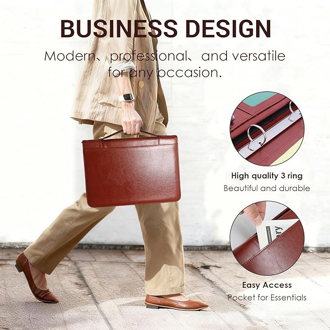 Faux Leather Portfolio with Handle – 3-Ring Padfolio Organizer for 13.9" Laptop/Tablet, A4 Legal Pad Holder, Multi-Pocket Business Folder for Work, Office & Meetings & Daily Commute (Brown)