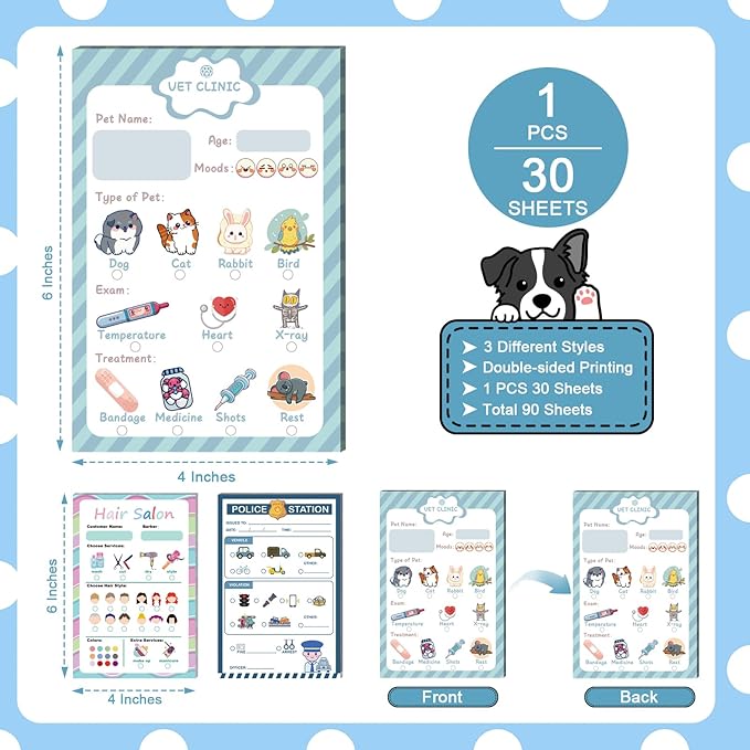 Kids Pretend Play Notepads 4X6 In Pretend Play Notebooks Playtime Notepads Variety Role Play Game Accessories Pages Each for Kids Toddlers 3-5(3,Blue)