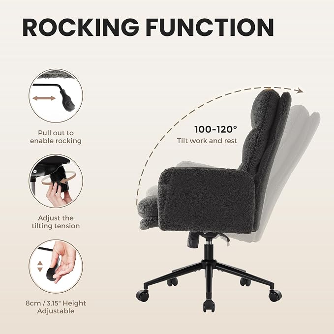 IWMH High Back Home Office Chair,Comfy Desk Chair with Armrests Cashmere | Ergonomic Upholstered Office Desk Chair,Height Adjustable Armchair with Wheels, 360° Swivel Desk Chair (Dark Grey)