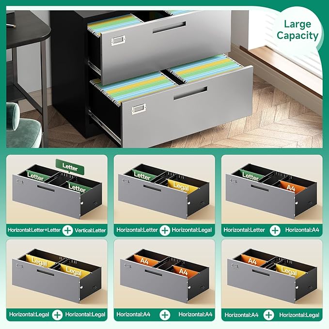 File Cabinet with Lock-Lateral 3 Drawer Metal Filing Cabinets-Organization Storage for Home Office-Hanging Letter/Legal/F4/A4 Size (Grey Black)