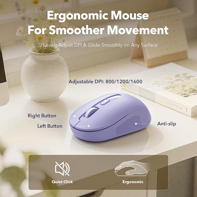 Wireless Keyboard and Mouse Combo, Cute Round Keycaps, Full-Size Retro Typewriter Keyboard with Detachable Wrist Rest, 2.4GHz Cordless Connection for Mac/Windows/PC/Laptop (Purple-Colorful)