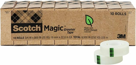 Scotch Magic Greener Tape, 10 Rolls, Numerous Applications, Invisible, Engineered for Repairing, 3/4 x 900 Inches, Boxed (Pack of 12)