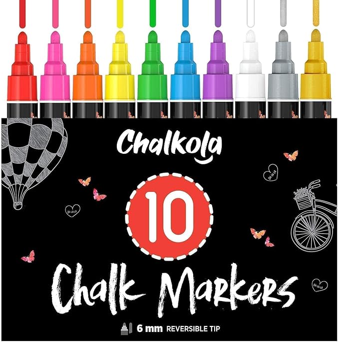 Chalkola 10 Liquid Chalk Markers for Blackboard, Chalkboard w/Gold, Silver | 10 Erasable, Washable Paint Chalk Pens for Car Windows, Bistro, Glass, Board Signs - Neon Wet Wipe 6mm Reversible Bold Tip