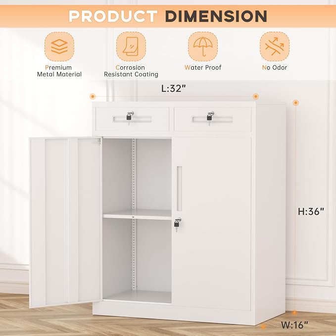 Metal Garage Storage Cabinets with Lock,Steel Storage Cabinet with Drawer and 2 Adjustable Shelves, Small Lockable Office Steel Cabinet for Home, Warehouse, School, White