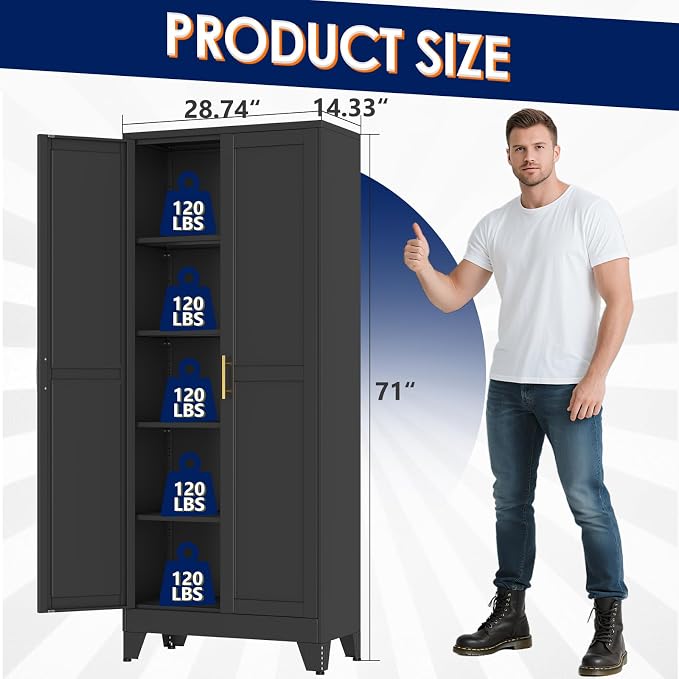 erosoei 71" H Metal Garage Storage Cabinet, Black Metal Pantry Cabinet with 2 Doors, Locker Steel Cabinet with 4 Adjustable Shelves, Freestanding Cupboard for Garage,Office,Home,Gym,School