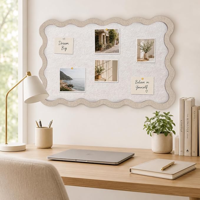 Scalloped Felt Bulletin Board, 36" x 24" Felt Cork Board Alternative for Wall, Foldable Picture Self-Adhesive Boards with Pins Hooks, Vision Boards for Photo Display School Home Office, Oatmeal