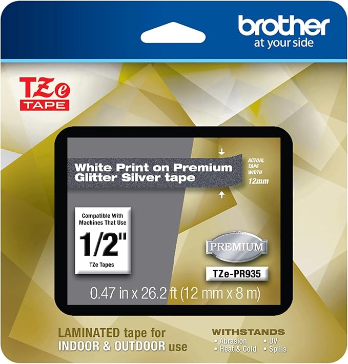 Brother Genuine P-Touch TZe-PR935 White Print on Premium Glitter Silver Laminated Tape 12mm (0.47”) Wide x 8m (26.2’) Long, TZEPR935