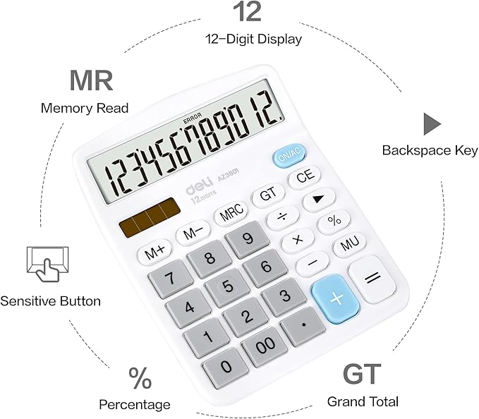 Calculator, Deli Standard Function Desktop Calculators with 12 Digit Large LCD Display and Sensitive Button, Solar Battery Dual Power Office Calculator, White