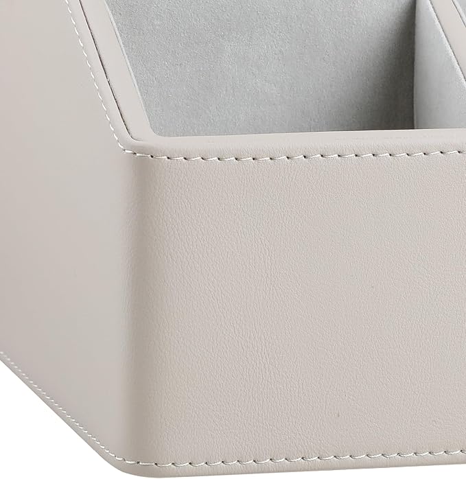PU Leather Desk Organizer, Remote Control Holder, Dark Beige | Luxury Nightstand Organizer for Home, Office Desk Accessories, Bedside Table Caddy with 5 Compartments, Velvet Lining