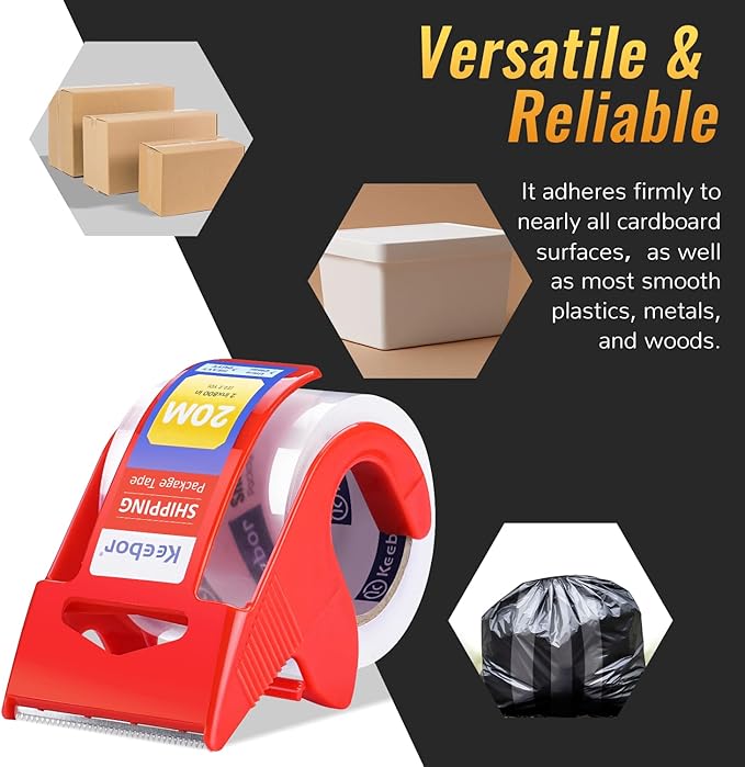 12 Rolls Packaging Tape with Dispenser, Heavy Duty Packing Tape, Clear Tape for Shipping Mailing Wrapping, 1.5'' Core