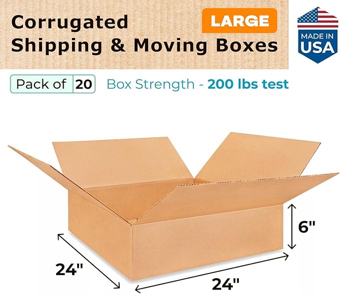 Large Shipping & Moving Boxes 24"L x 24"W x 6"H (20-Pack) - Extra Strength 200 lb vs Regular - USA-Made Corrugated Large Shipping Boxes for UPS, FEDEX - Cardboard Packing Box by IDL Packaging