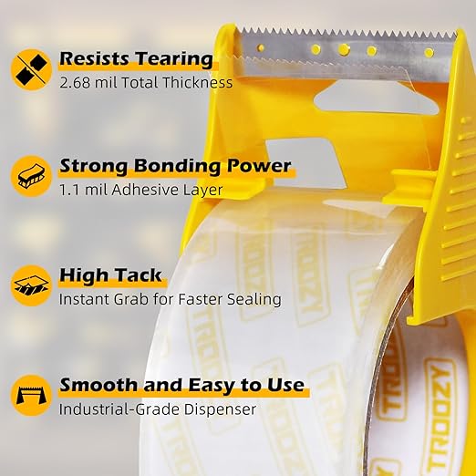 1.88 in x 66.6 YDs Clear Heavy Duty Packing Tape with Dispenser, 2.68 Mil Thick Strong & Durable Shipping Tape for Packing Boxes, Moving, Mailing & Storage