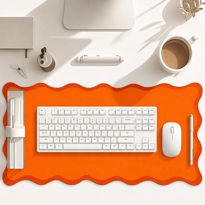 Hahafelt Scalloped Desk Mat Waterproof,Orange,31.5 X 15.8 Inches | Coquette Preppy Style for School Office Makeup Vanity, Nonslip Gaming Desktop Protector with Scalloped Stitched Edge Mat