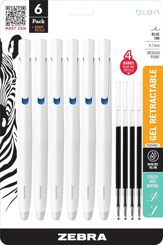 Zebra Pen, bLen Retractable Gel Pens, Medium Point 0.7mm, Blue Ink, All White Barrels, Includes 4 Bonus Refills, Low Vibration for More Stable, Easier to Control Writing, 6-Pack (49526)
