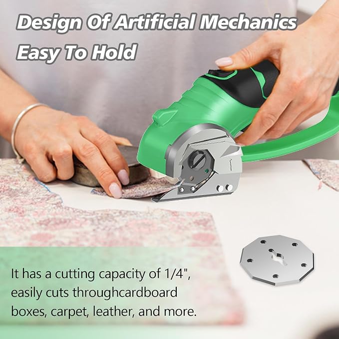 Cordless Electric Scissors, 4V Rechargeable Box Cutter & Cardboard Cutter with LED Light, Safety Lock - Rotary Cutter for Fabric, Leather, Plastic, Crafting, Sewing with Storage Box(Bright Green)