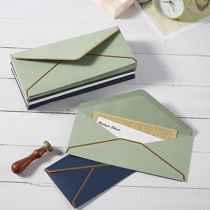 50 Pack #10 Business Envelopes, Dark Green, 4 1/8 x 9 1/2 Inches | Gold Border, Self Seal Standard Envelopes with Gold Stickers for Office, Checks, Letter Mailing, Invoices