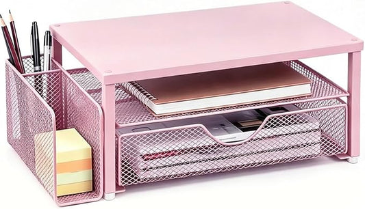 Spacrea Monitor Stand with Drawer and Pen Holder | Monitor Riser Desk Organization Desk Organizer and Accessories (Pink)