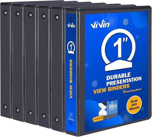 3 Ring Binder 1 Inch, ViVin Sturdy 1"-Round Ring Binder with 2 Interior Pockets, Clear View Cover, PVC-Free, Fits 200 Sheets of 8.5'' x 11'' Paper, Office Home School (6 Pack, Black) | 1"-Round Ring Binder with Clear View Cover, PVC-Free, Fits 200 Shee...