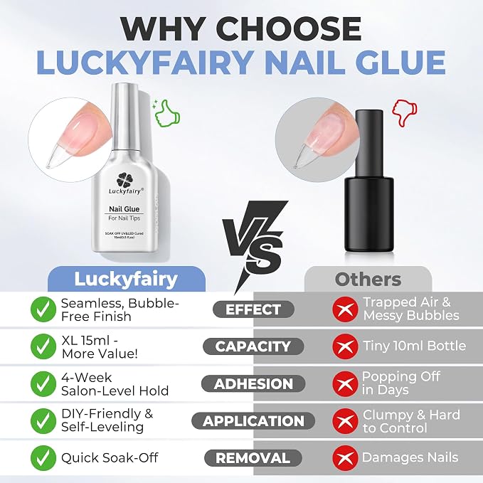 Luckyfairy Gel Nail Glue for Nail Tips 15ml | Nail Gel Glue Lamp Curing Needed, Long Lasting, Clear Acrylic Press on False Nails, Not Peel Off & Bubble Free Formula