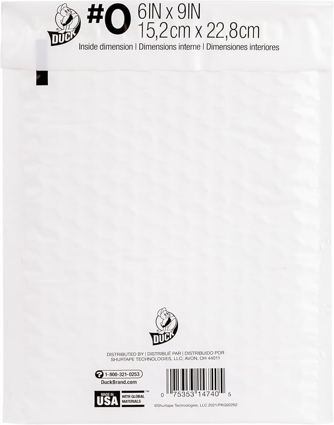 Duck Max #0 Poly Bubble Mailer, White, 6 inch x 9 inch, 25 Pack
