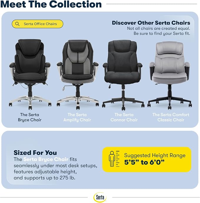 Serta Bryce Executive Office Chair - Ergonomic Computer DeskChair with Lumbar Technology - Adjustable Height - Memory Foam Body Pillows - 360° Swivel Rolling Base - Bonded Leather - Black