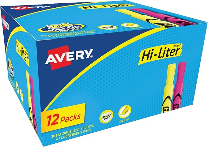 Avery Hi-Liter Desk-Style Highlighters, Smear Safe Ink, Chisel Tip, Assorted Pink and Yellow, 24 Highlighters per Pack, 288 Total (12-Pack of 98189)